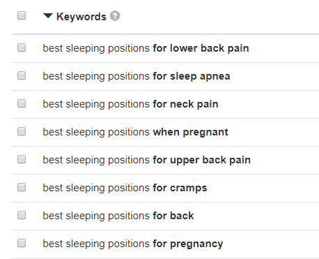 KeywordTool.io Sleeping Position Keyword Ideas