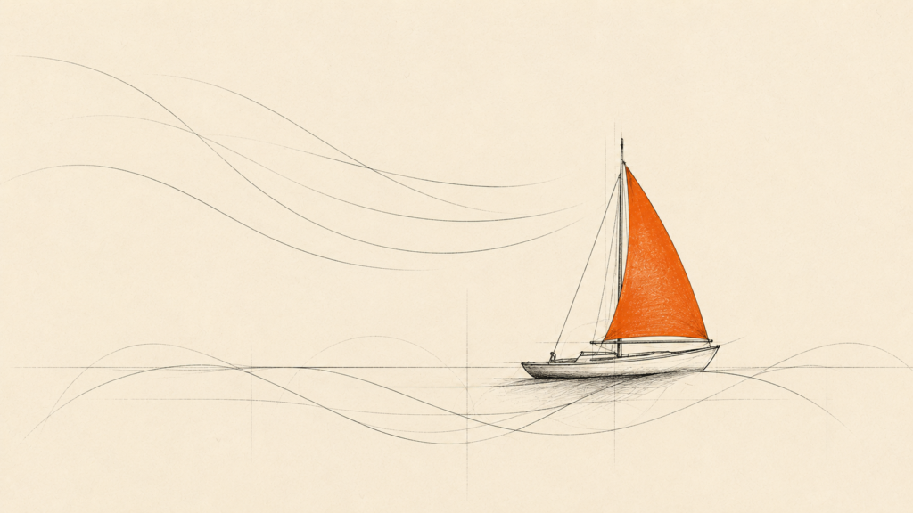 Minimalist hand-drawn illustration of a small sailboat catching wind, on why an adaptable founder prefers an uncertain market.