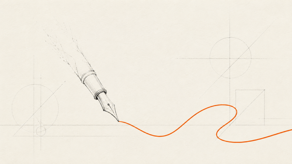 Minimalist hand-drawn illustration of fine stationery, on founder adaptability and the difference between craft and routine.
